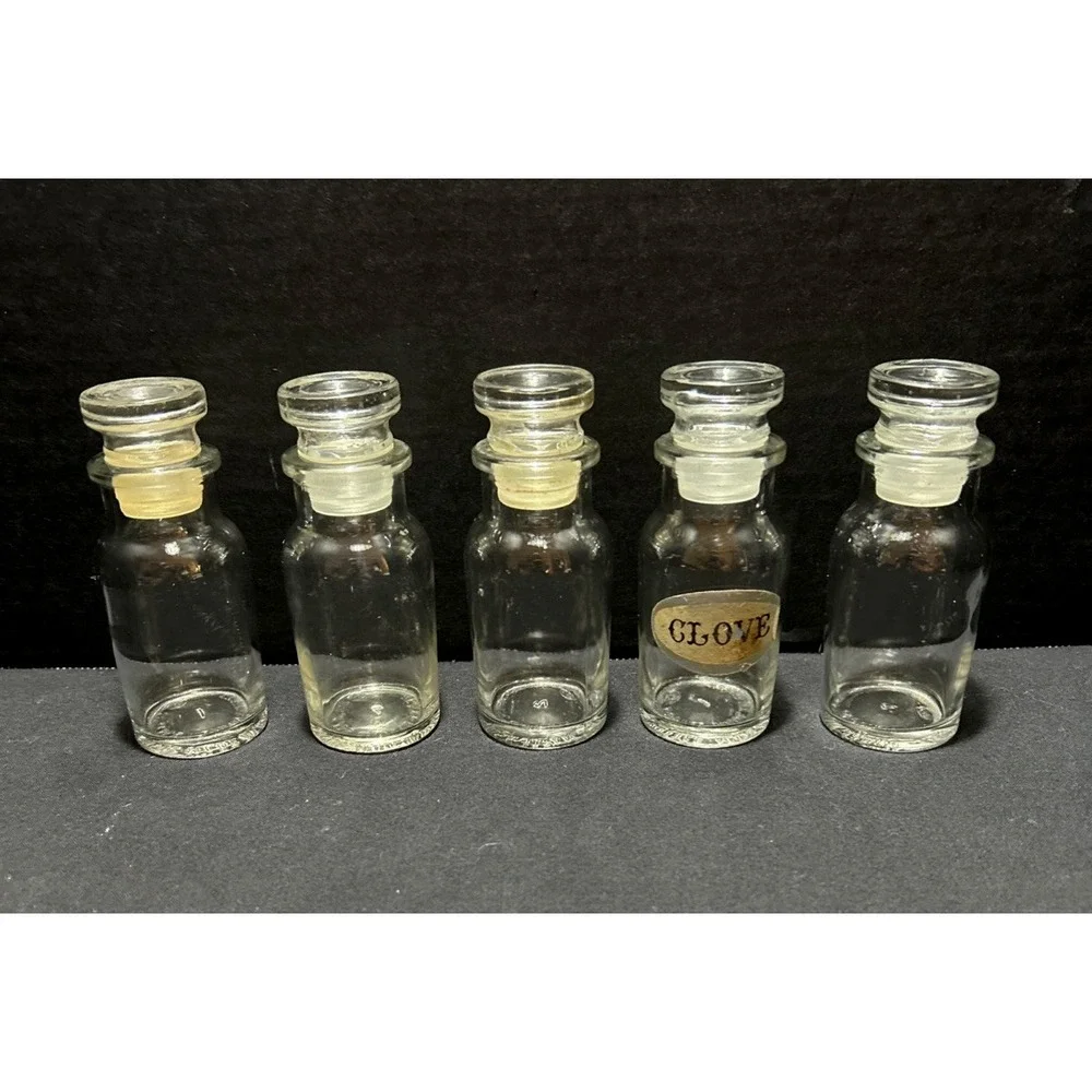 Vintage Clear Glass Apothecary Spice Jars w/Stoppers Set of 5 Japan Farmhouse